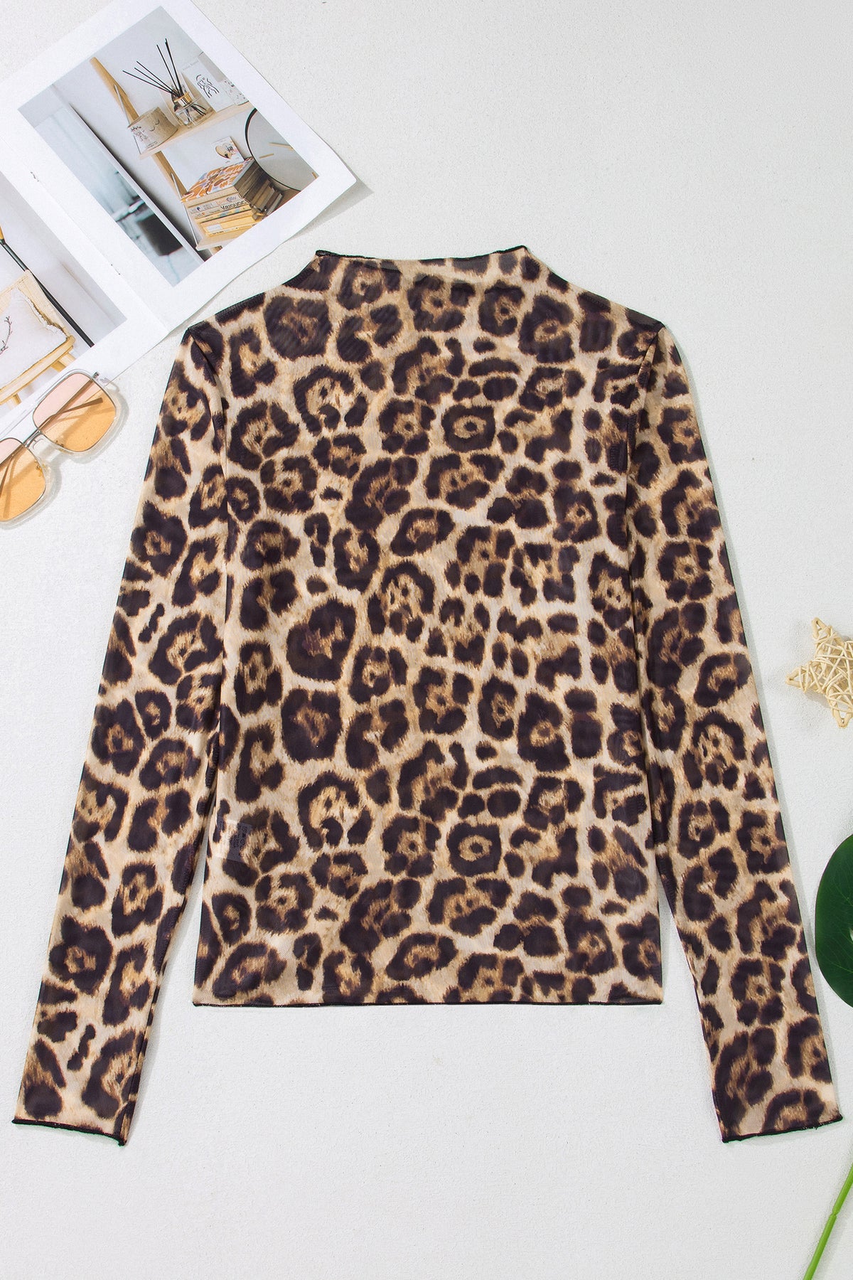 KaleaBoutique Stylish Leopard Print Slim Fit Mesh Long Sleeve Mock Neck Top - KaleaBoutique.com