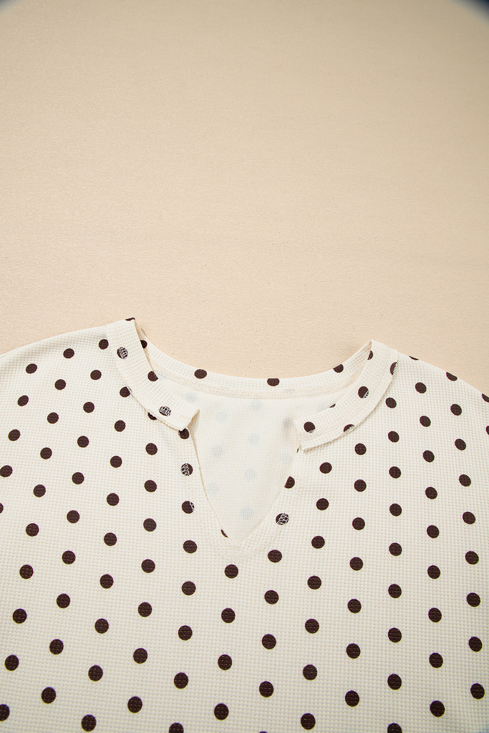 KaleaBoutique Comfortable Polka Dot Print Notched Neck Long Sleeve Top Drawstring Jogger Pants Waffle Knit Lounge Set - KaleaBoutique.com