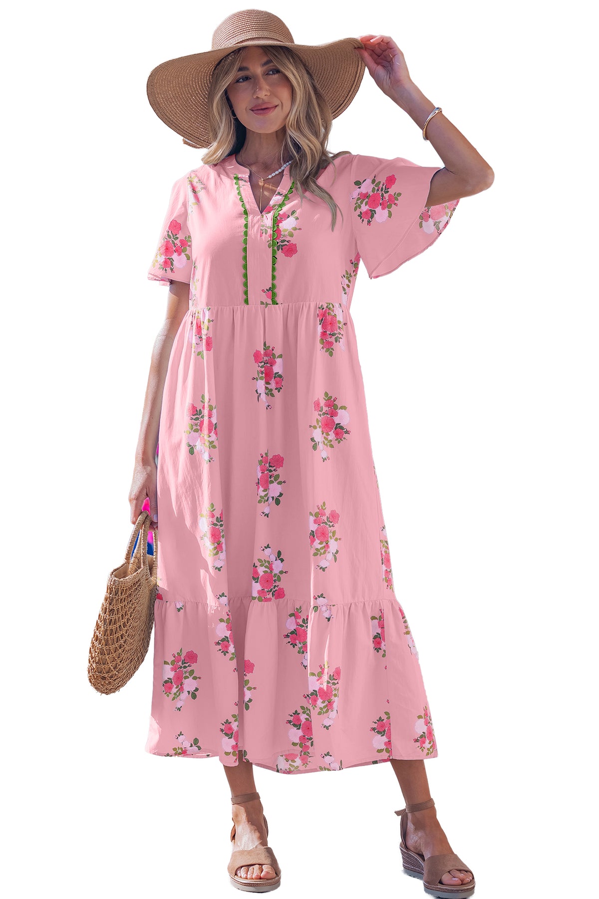 KaleaBoutique Comfortable Notched Neck Flutter Short Sleeve Floral Print Maxi Dress - KaleaBoutique.com