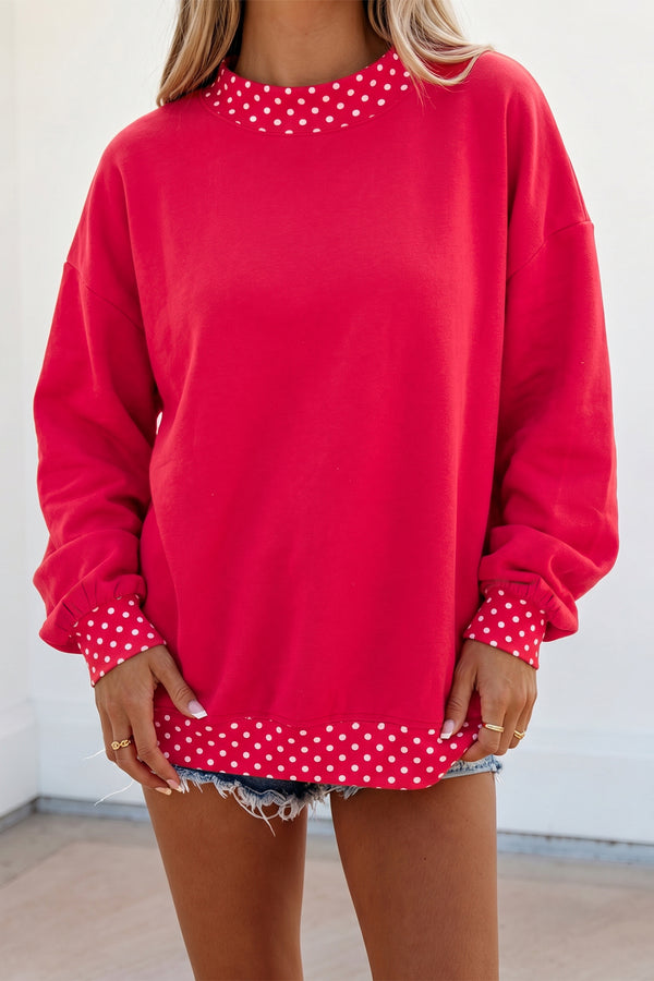 KaleaBoutique Comfortable Colorblock Polka Dot Contrast Trim Oversized Sweatshirt - KaleaBoutique.com