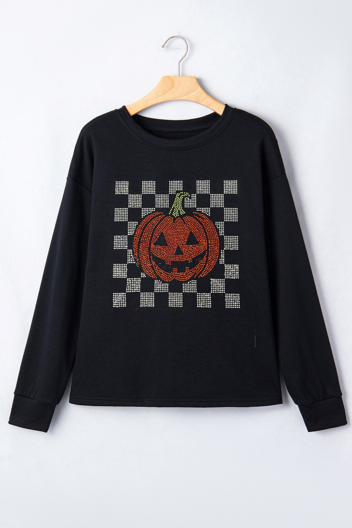 Black Rhinestone Pumpkin Checkered Halloween Long Sleeve Graphic Tee - KaleaBoutique.com