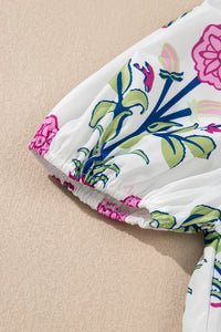 Floral Puff Short Sleeve V Neck High Waist Maxi Dress - KaleaBoutique.com
