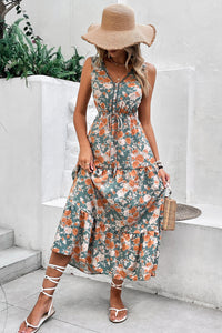 KaleaBoutique Stylish Floral Print Trimmed V Neck Tie Waist Sleeveless Holiday Long Dress - KaleaBoutique.com