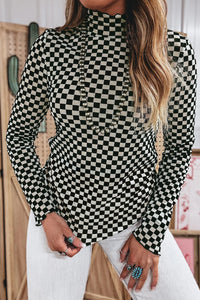 KaleaBoutique Stylish Plaid Stand Neck Long Sleeve Mesh Top - KaleaBoutique.com