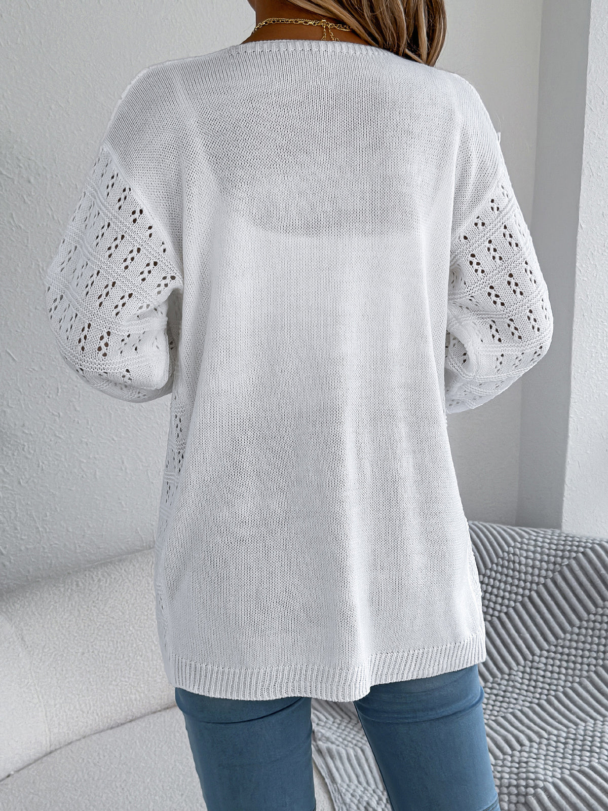 Women's Openwork Open-Front Longline Balloon-Sleeve Cardigan - KaleaBoutique.com