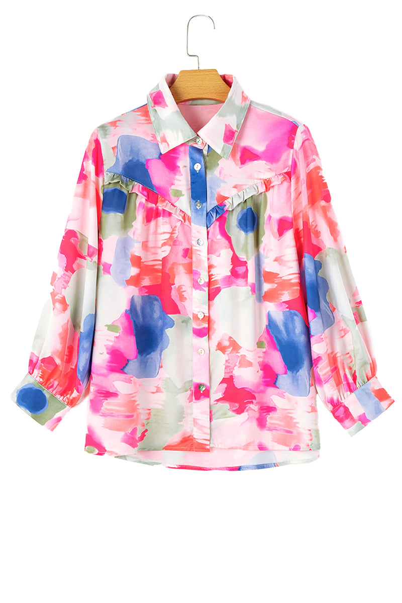 KaleaBoutique Abstract Printed Lantern Sleeve Frilled Button Front Collared Shirt - KaleaBoutique.com