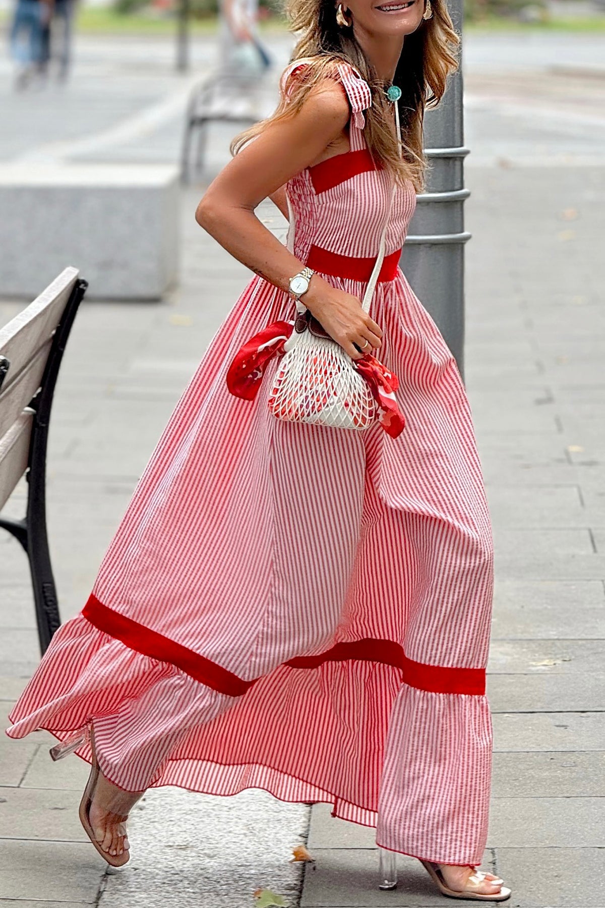 KaleaBoutique Stylish Bow Knot Straps Contrast Trim High Waist Ruffle Hem Maxi Dress - KaleaBoutique.com
