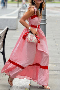 KaleaBoutique Stylish Bow Knot Straps Contrast Trim High Waist Ruffle Hem Maxi Dress - KaleaBoutique.com