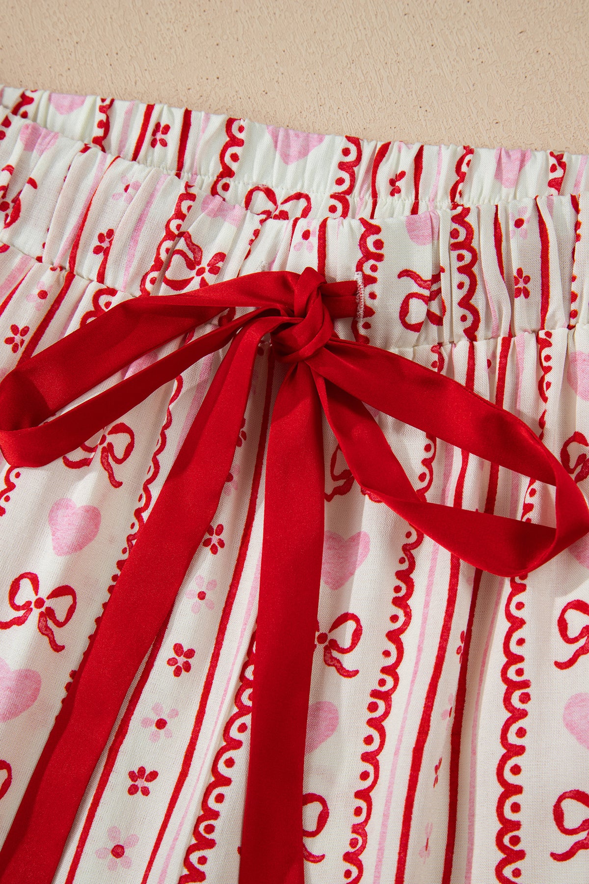KaleaBoutique Stylish Sweet Floral Heart Bow Print Contrast Trim Long Sleeve Shirt Pajama Short Set - KaleaBoutique.com