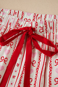 KaleaBoutique Stylish Sweet Floral Heart Bow Print Contrast Trim Long Sleeve Shirt Pajama Short Set - KaleaBoutique.com