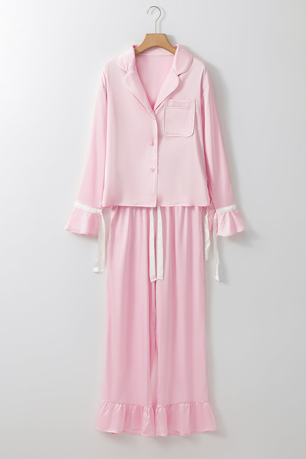KaleaBoutique Comfortable Satin Knot Accent Shirt and Ruffled Pants Lounge Set - KaleaBoutique.com