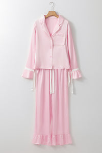 KaleaBoutique Comfortable Satin Knot Accent Shirt and Ruffled Pants Lounge Set - KaleaBoutique.com