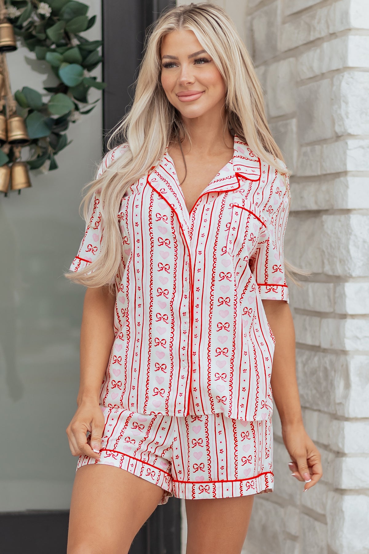 KaleaBoutique Stylish Cute Bow Heart Print Ribbon Decor Short 2pcs Pajama Set - KaleaBoutique.com
