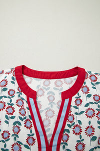 KaleaBoutique Stylish Cute Sunflower Printed Striped Patchwork Trim Flutter Sleeve Long Dress - KaleaBoutique.com