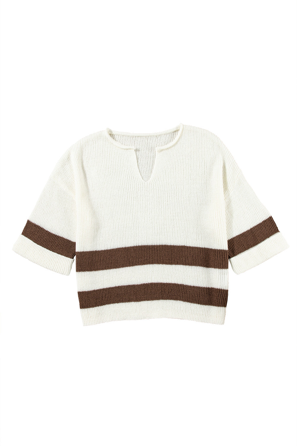 KaleaBoutique Stylish Brown Striped Accent Notched V Neck Cropped Sweater T Shirt - KaleaBoutique.com