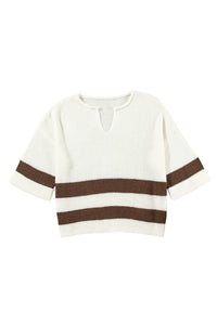 KaleaBoutique Stylish Brown Striped Accent Notched V Neck Cropped Sweater T Shirt - KaleaBoutique.com
