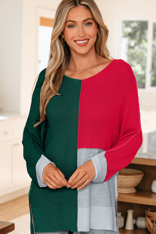 KaleaBoutique Stylish Cute Color Block Knit V Neck Loose Sweater - KaleaBoutique.com