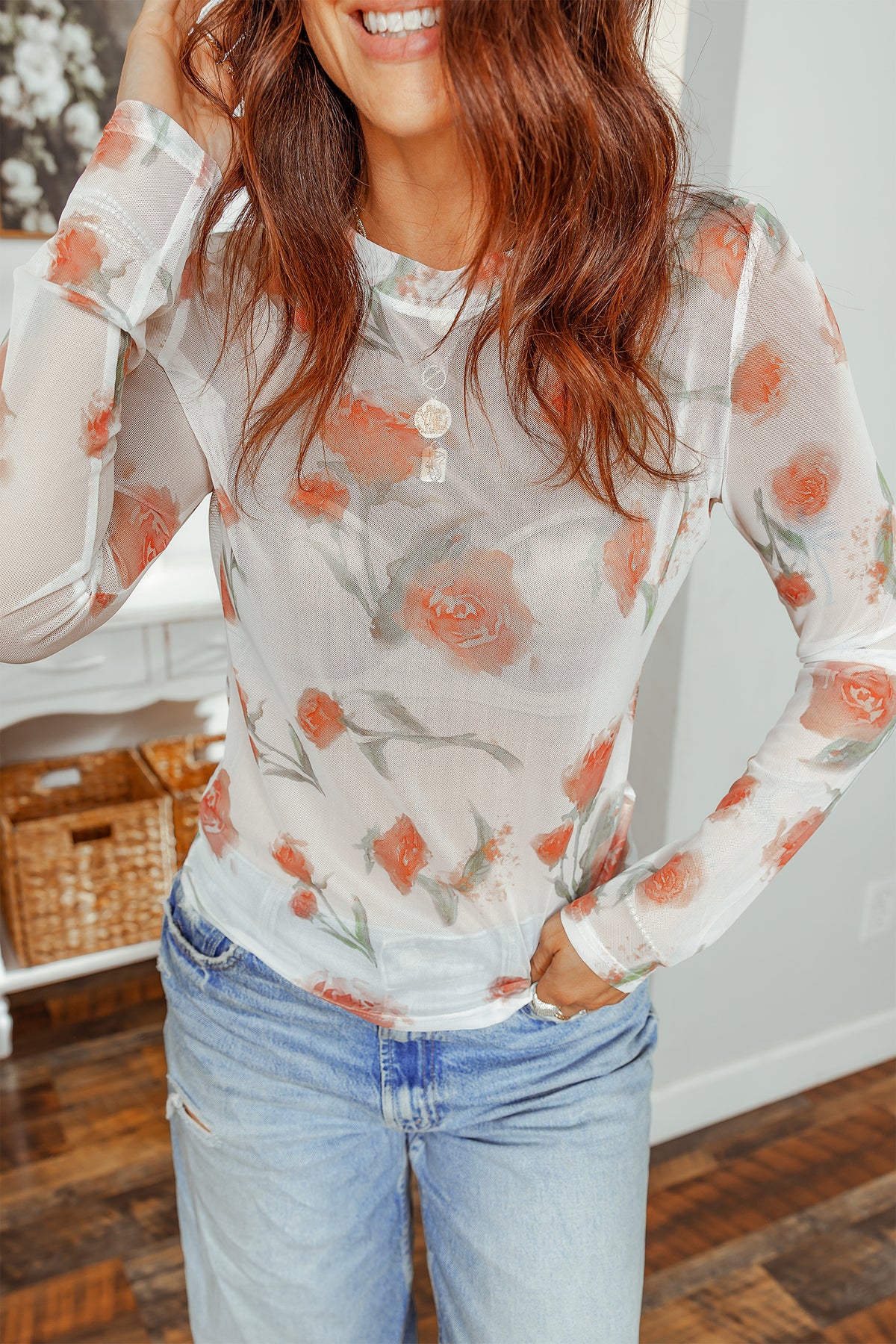 Casual Round Neck Floral Print Mesh Long Sleeve Top - KaleaBoutique.com