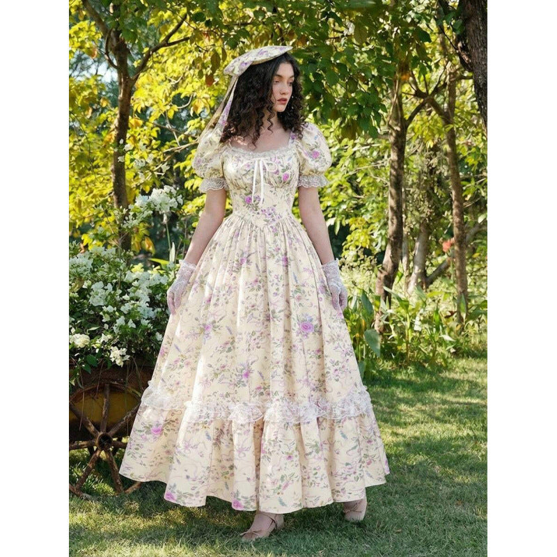 Women's Floral Puff-Sleeve Lace-Trim Ruffle-Hem Maxi Dress - KaleaBoutique.com