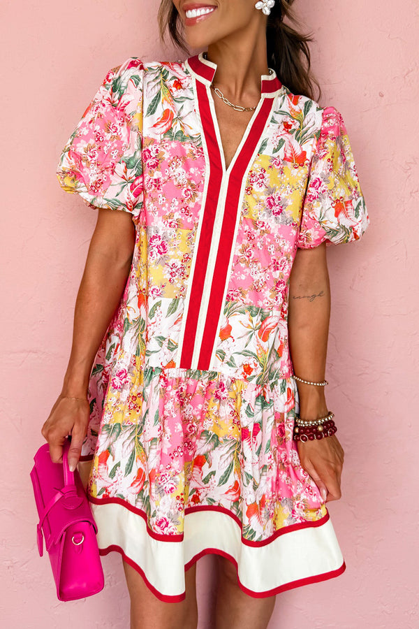 KaleaBoutique Stylish Color Block Floral Print Contrast Trim V Neck Ruffle Hem Mini Dress - KaleaBoutique.com