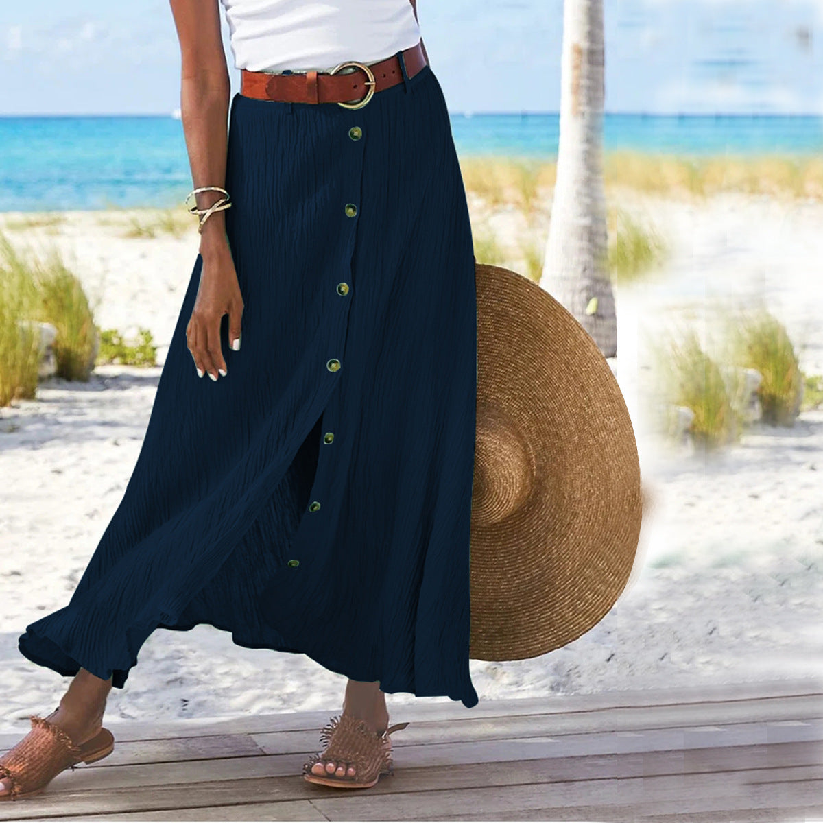 Women's Fashion Cotton Linen A-Line Hip Mid Waist Long Skirt - KaleaBoutique.com