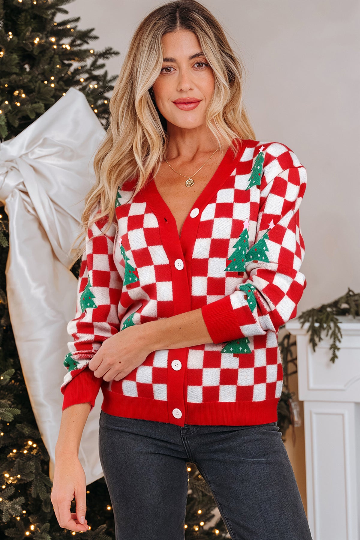 KaleaBoutique Comfortable Checkered Christmas Tree Pattern Button V Neck Cardigan Sweater - KaleaBoutique.com