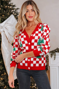 KaleaBoutique Comfortable Checkered Christmas Tree Pattern Button V Neck Cardigan Sweater - KaleaBoutique.com
