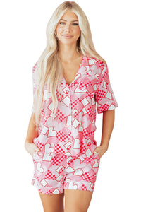 KaleaBoutique Comfortable Heart Print Shirt Style Silky Short Pajama Set - KaleaBoutique.com