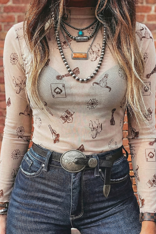 KaleaBoutique Stylish Western Print Slim Fit Mesh Long Sleeve Mock Neck Top - KaleaBoutique.com