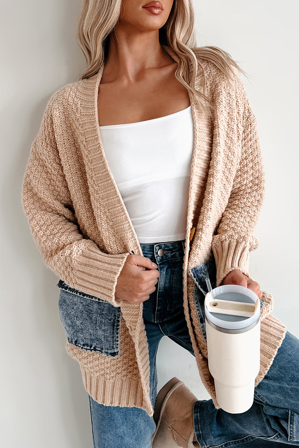 KaleaBoutique Comfortable Open Front Knitted Denim Pocket Patchwork Cardigan - KaleaBoutique.com