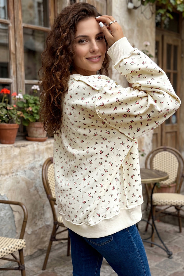 KaleaBoutique Stylish Ribbed High Neck Patchwork Floral Print Baggy Pullover Sweatshirt - KaleaBoutique.com
