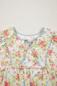KaleaBoutique Stylish Striped Edge 3/4 Puff Sleeve Floral Dress - KaleaBoutique.com