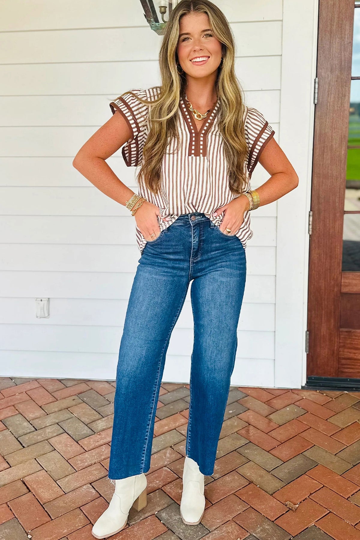 KaleaBoutique Stylish Double Ruffled Short Sleeve V Neck Blouse - KaleaBoutique.com