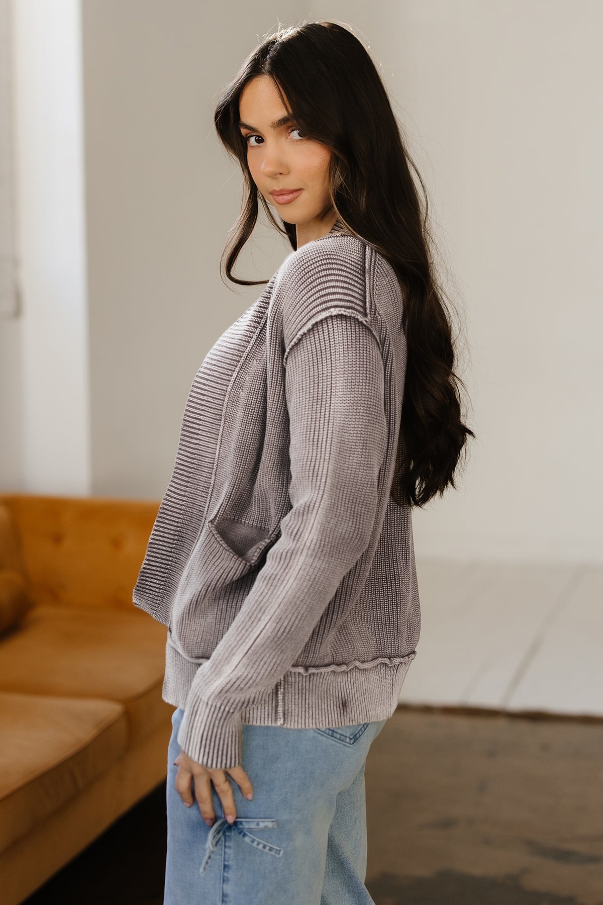 KaleaBoutique Stylish Mineral Wash Exposed Seam Patchwork Knit Open Sweater Cardigan - KaleaBoutique.com