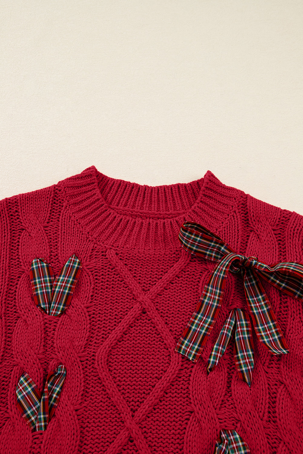 KaleaBoutique Comfortable Plaid Lace up Detail Christmas Holiday Puff Short Sleeve Sweater - KaleaBoutique.com