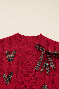 KaleaBoutique Comfortable Plaid Lace up Detail Christmas Holiday Puff Short Sleeve Sweater - KaleaBoutique.com