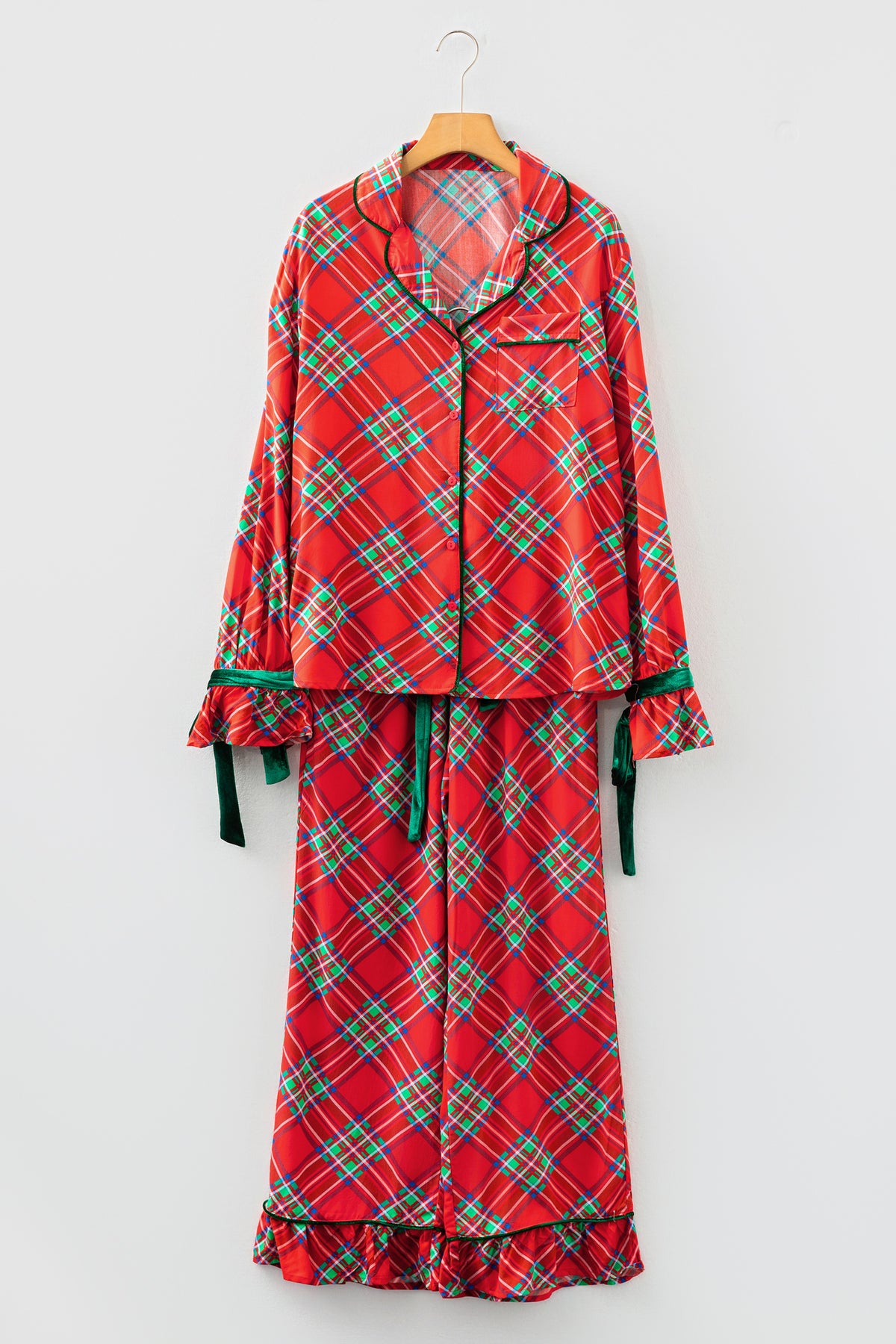 KaleaBoutique Comfortable Christmas Plaid Satin Pajama Set with Contrast Velvet Ties - KaleaBoutique.com
