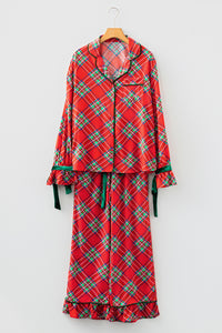 KaleaBoutique Comfortable Christmas Plaid Satin Pajama Set with Contrast Velvet Ties - KaleaBoutique.com