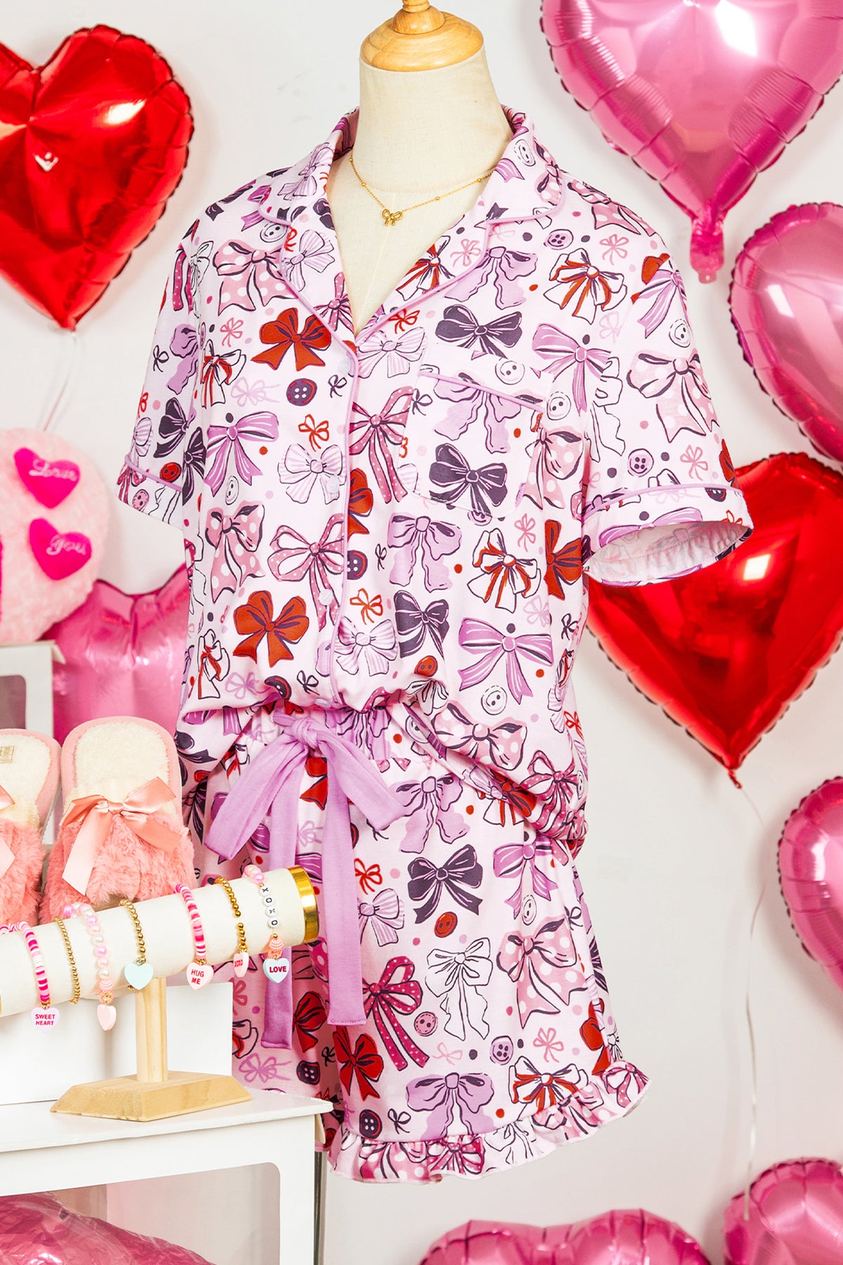 KaleaBoutique Stylish Cute Ribbon Bows Printed 2pcs Short Pajama Set - KaleaBoutique.com