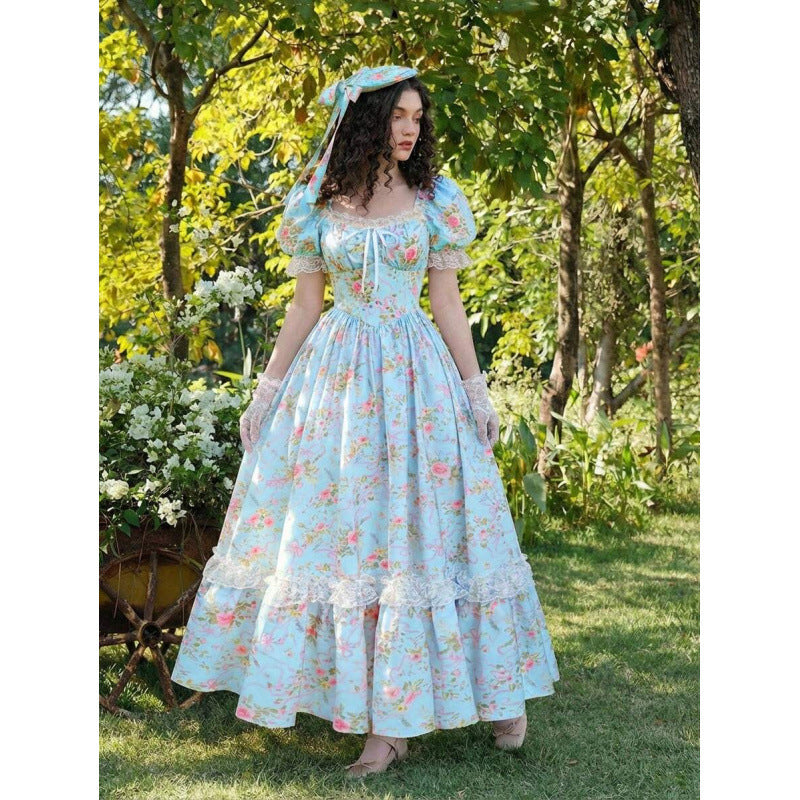 Women's Floral Puff-Sleeve Lace-Trim Ruffle-Hem Maxi Dress - KaleaBoutique.com