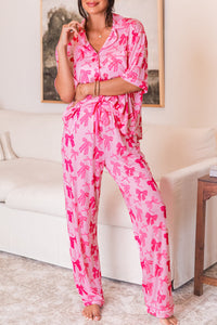 KaleaBoutique Comfortable Bow Knot Print Lapel Collar Short Sleeve and Pants Pajamas Set - KaleaBoutique.com