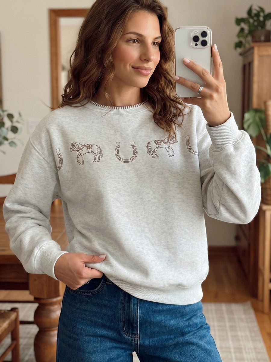 Women's Horse and Horseshoe Embroidered Crewneck Sweater - KaleaBoutique.com