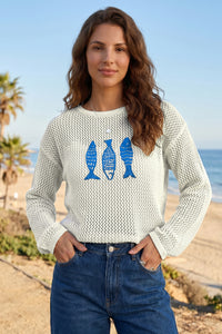 Open Knit Fish Embroidered Casual Sweater - KaleaBoutique.com