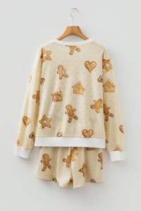KaleaBoutique Stylish Gingerbread Man Christmas Print Long Sleeve Pullover Lounge Short Set - KaleaBoutique.com