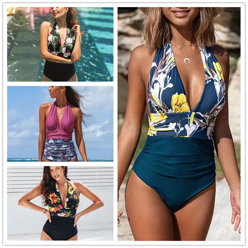 Women's Deep V Halter Neck Floral Print One-Piece Swimsuit - KaleaBoutique.com