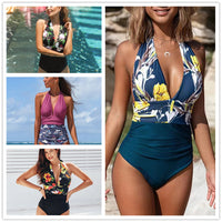 Women's Deep V Halter Neck Floral Print One-Piece Swimsuit - KaleaBoutique.com