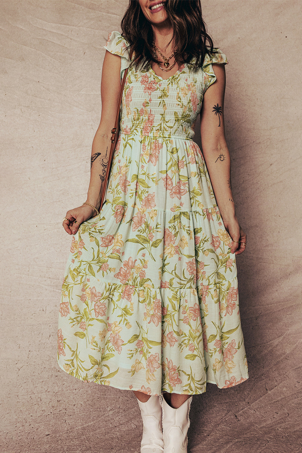 Smocked Bodice Ruffled Sleeveless Tiered Floral Maxi Dress - KaleaBoutique.com