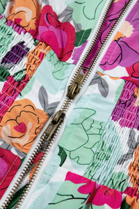 KaleaBoutique Stylish Vibrant Floral Print V Neck Zip Up Puffy Half Sleeve Dress - KaleaBoutique.com