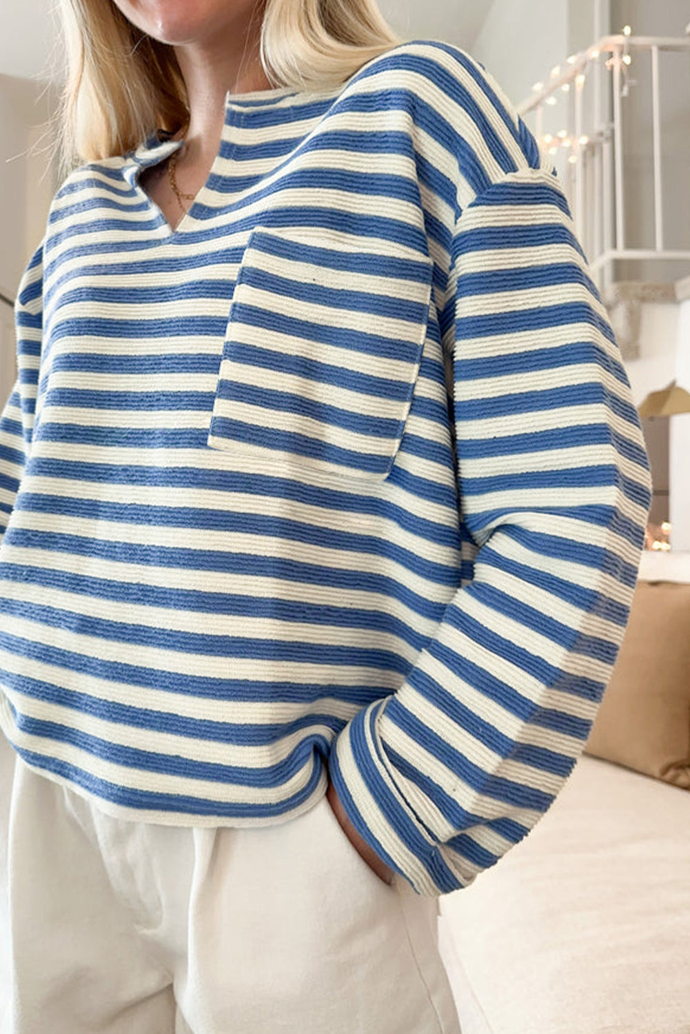 KaleaBoutique Comfortable Chest Pocket Buttoned Back Notched V Neck Top - KaleaBoutique.com