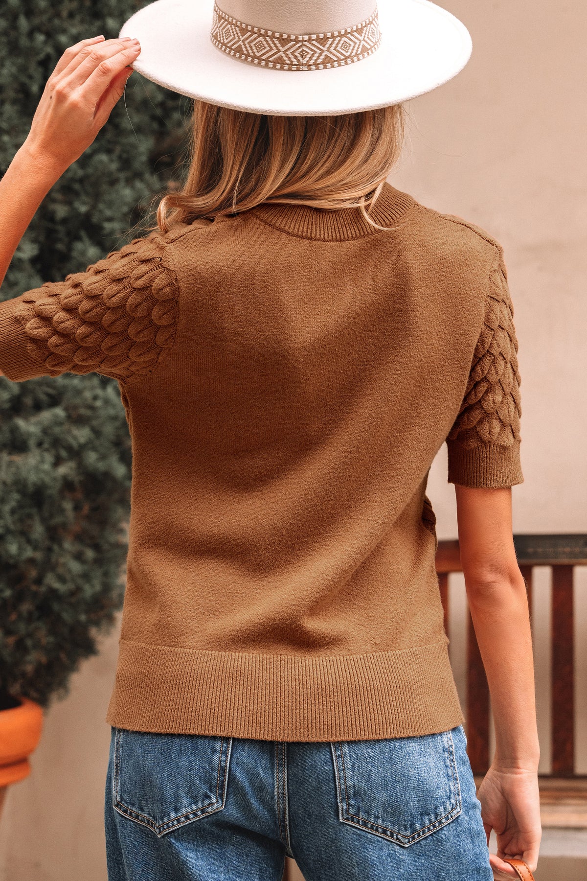 KaleaBoutique Comfortable Fish Scale Textured Knit Ribbed Crew Neck Short Sleeve Sweater - KaleaBoutique.com